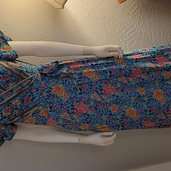 Zesica 1990s Turquoise Surplice Floral Wrap Maxi Prairie Dress - Picture 7 of 13